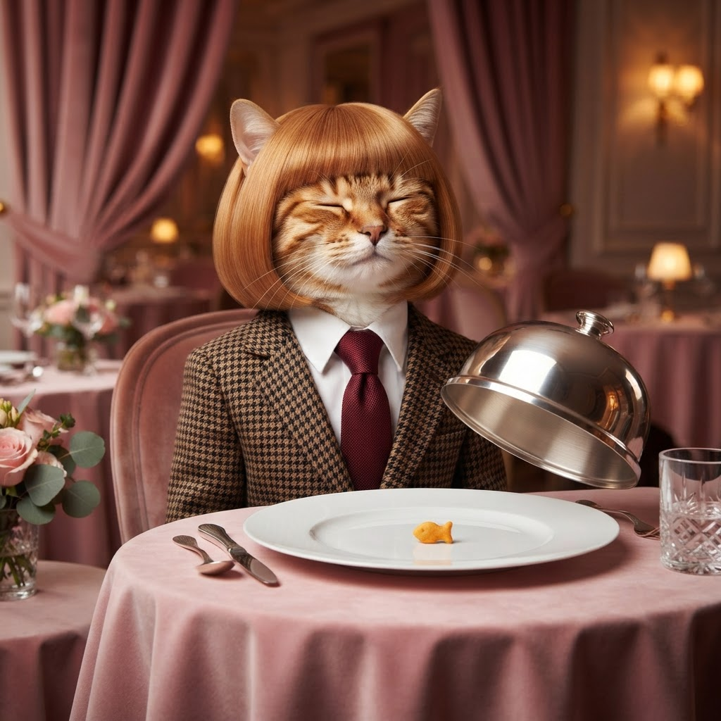 Catephil enjoying an absurdly tiny meal at a fancy restaurant